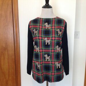 Talbots Plaid Wool Sweater Crystal Dog Embellished Medium